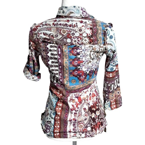 Crown of Hearts Shirt Womens Size S Top Boho Patchwork Button Down Collared Adj - Picture 11 of 16